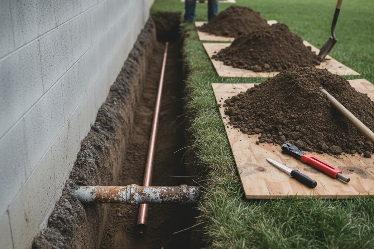Excavated water line trench during Water Heater Repair in Garfield
